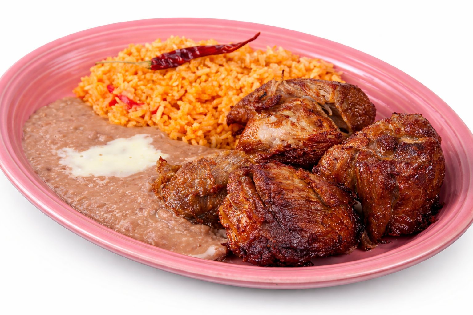 Roasted pork plate with rice and beans