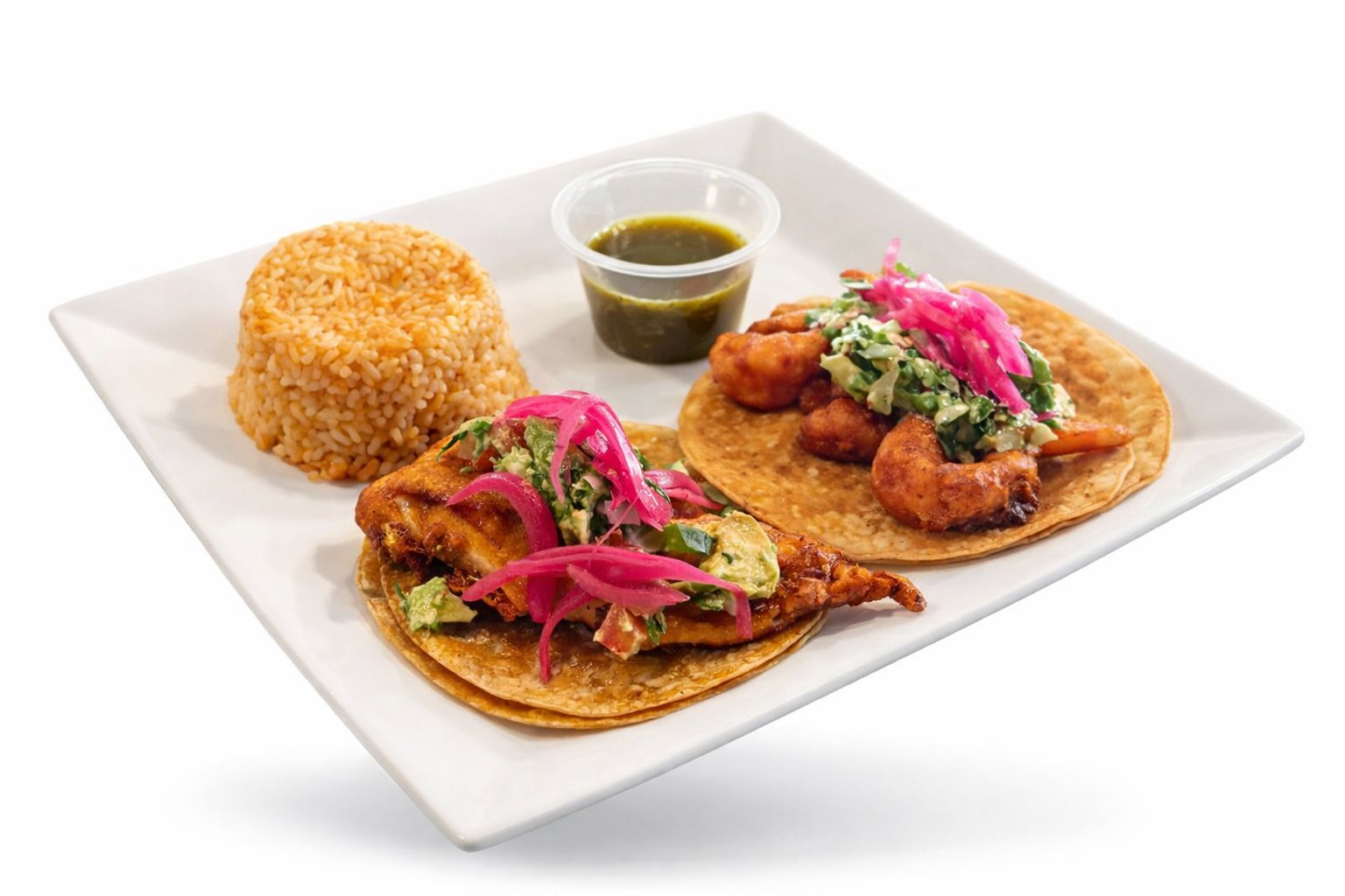 Shrimp tacos with pickled onion and salsa
